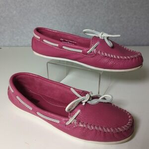 VTG MINNETONKA‎ 7.5 Boat Shoes Loafers Moccasins Pink White Leather Model 613s